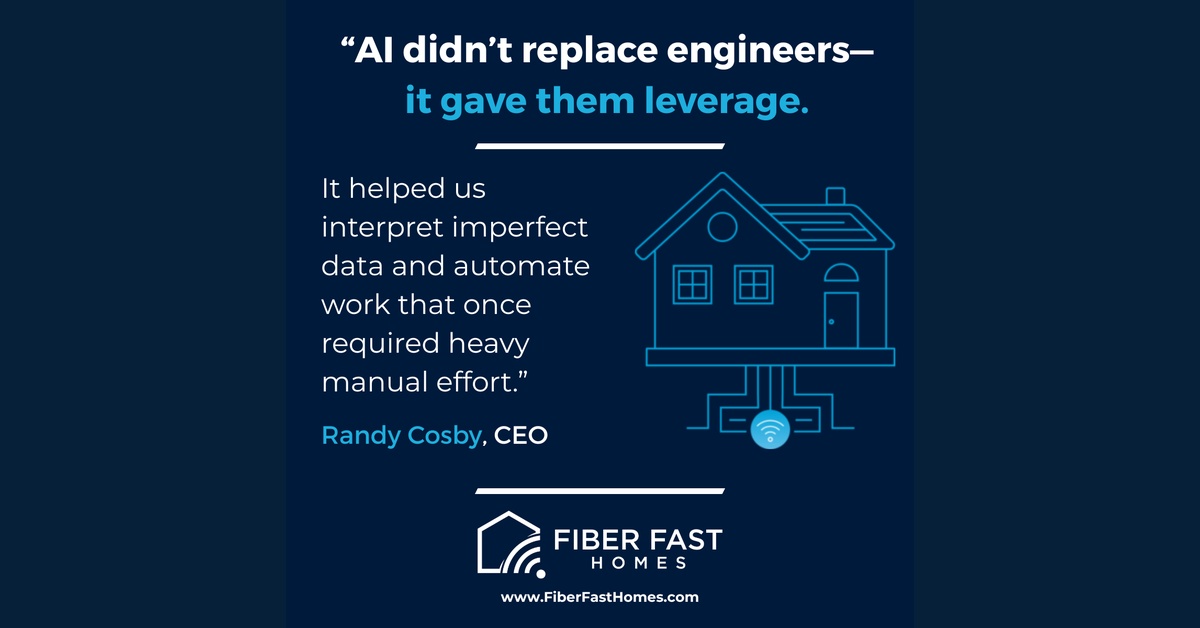 AI OSP data migration broadband graphic featuring quote from Randy Cosby about AI giving engineers leverage